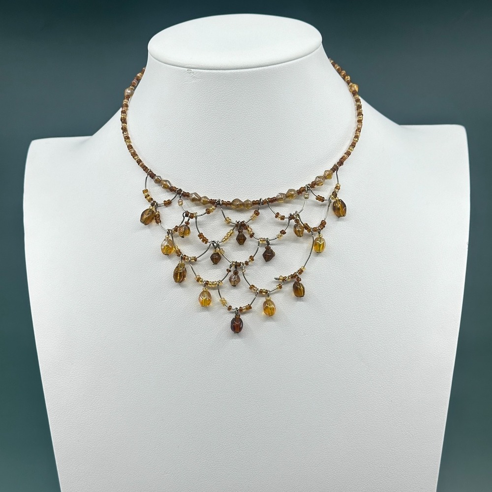 Amber Tone Brown Glass Bead Bib Necklace Wire Dangle Boho Statement Jewelry Gift